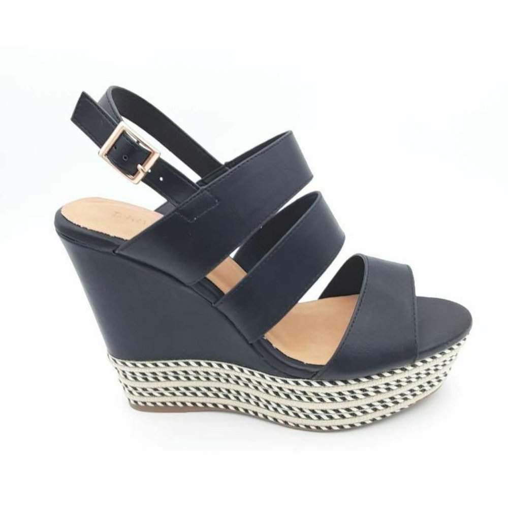 Bamboo Womens Triple Band Twist Espadrille Wedge Sandals Black Slingback 10 New
